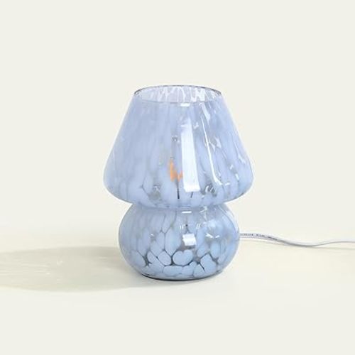 ONEWISH Mushroom Lamp Small Bedside Table Lamp-Nightstand Nightlight Dimmable Stepless, Translucent Glass Desk Lamp for Bedroom Dorm Living Kitchen, Murano Style Aesthetic Cute Home Decor(Blue)