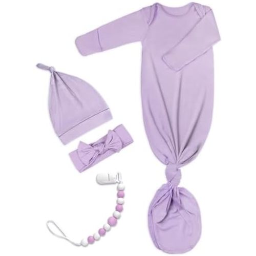 Newborn Baby Knotted Gown, Super Soft Silky Infant Long Sleeve Sleeper with Mittens and Hat & Bowknot Set (Extra Long)