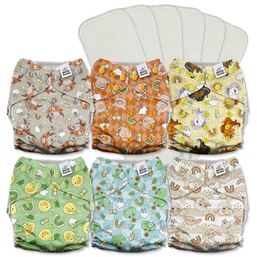 Mama Koala 3.0 Cloth Diapers for Babies with AWJ Lining, 6 Pack with 6 5-Layer Natural Cloth Diaper Inserts - Reusable and Washable Pocket Diapers(A-Farm Animals)