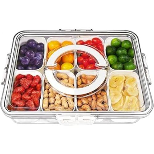Divided Serving Tray with Lid and Handle, 8 Compartment Snackle Box Container, Travel Charcuterie Board with Lid for Kids and Adults, Snack Box Container - Fruit, Vegetable, Candy, Snack Tray with Lid