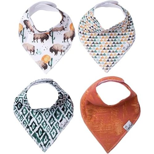 Copper Pearl 4 Pack Soft Cotton Baby Bibs for Drooling and Teething, Absorbent Drool Bibs for Baby Girl and Boy, Adjustable to Fit Newborns to Toddlers, Tons of Styles (Bison)