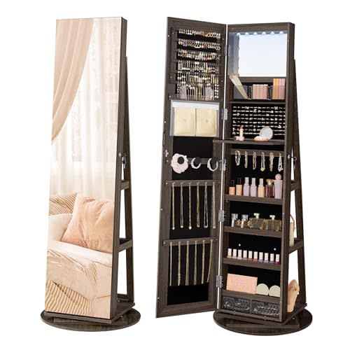 SONGMICS 6 LEDs Lockable Mirror Jewelry Cabinet, 360° Swivel Jewelry Organizer Armoire Standing, Frameless Full-Length Mirror, 3 Storage Shelves, Ash Brown Surface, Black Lining UJJC007K02