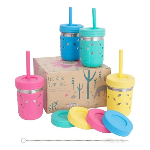 Elk and Friends 10oz Stainless Steel Kids + Toddler Drinking Cups | The Original Mason Jars with Lids + Sleeves + Straws | Smoothie Cups | Spill Resistant | Dishwasher Safe | 4 Pack
