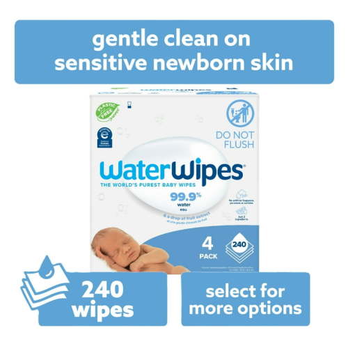 WaterWipes Natural Non-Fragrance Baby Wipes, 99.9% Water Based, 4 Packs (240 Wipes)