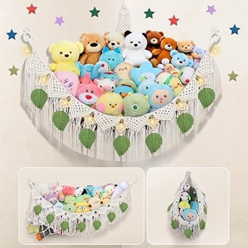 Stuffed Animal Storage Hammock Corner w/LED Star Light, 56'' Jumbo Boho Tassel Leaf Hanging Stuffed Animal Net Holder, Cream Toy Hammock Plushie Net for Kid Girls Boys Gift Nursery Decor