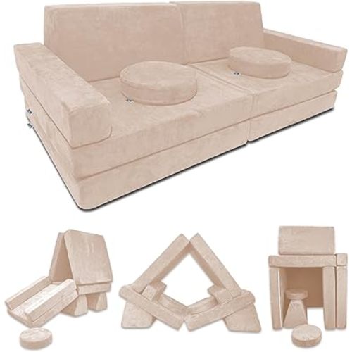 Mod Blox 10 Piece Soft Modular Kids Play Couch for Boys and Girls|Child Sectional Fort Building Sofa for Toddlers Playroom with Microsuede Covers and High Density Convertible Foam Cushions (Beige)