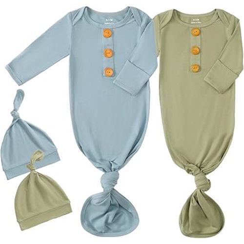 OPAWO Knotted Gown Baby Newborn Sleepers Baby Boy Coming Home Outfit, Bamboo Viscose Baby Gowns with Mitten Cuffs and Hat Set