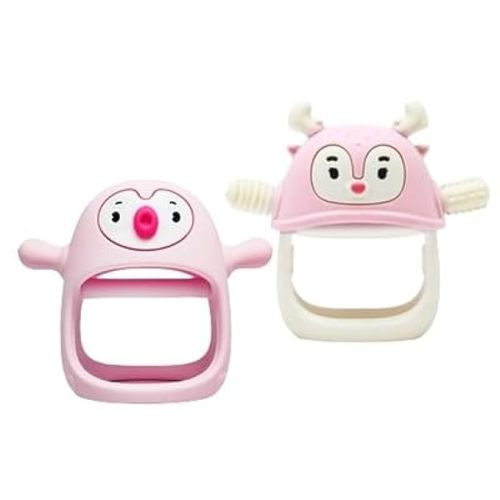 Smily Mia Baby Teething Toys for 0-6Months, Baby Teether for 6-12Months, Never Drop Penguin and Reindeer Baby Gift Set, Perfect Baby Easter Basket Stuffers, Hand Pacifer+Hand Teether Set, Light Pink - pink