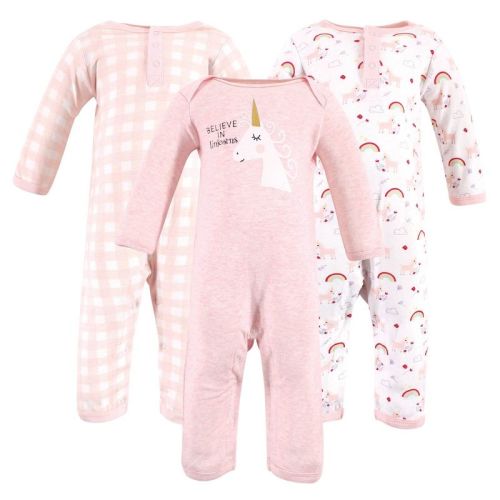 Luvable Friends Baby Girl Cotton Coveralls 3pk, Unicorn, 0-3 Months