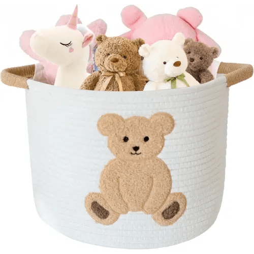 INough Cotton Rope Basket Toy Storage Baskets for kids Laundry Hamper, Gift Basket Empty Baby Shower Baskets with Handles, Cute Bins Blanket Stuffed Animal Storage for Nursery, Living Room Decor, Bear