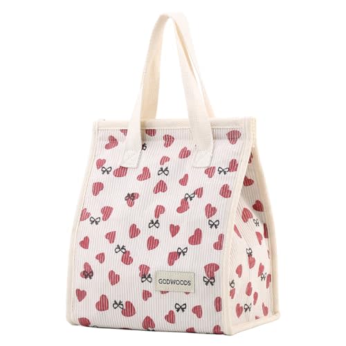 GODWOODS Insulated Lunch Bag for Women Men Large Lunch Box Container Reusable Leakproof Tote for Office, Work, Beach or Travel (Corduroy Love Print)