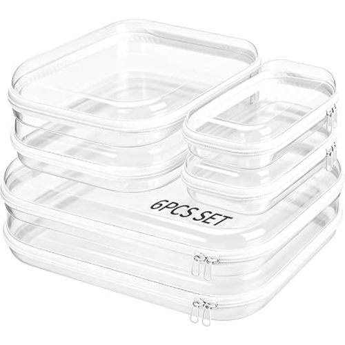 6 Pack Clear Zipper Travel Makeup Bag (White, 6Pcs(2S,2M,2L))