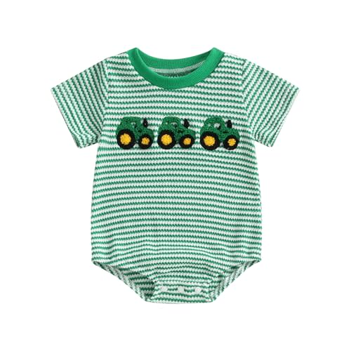 xkwyshop Newborn Baby Boy Girl Summer Outfit Striped Bubble Romper Waffle Farm Tractor Short Sleeve Bodysuit Country Clothes