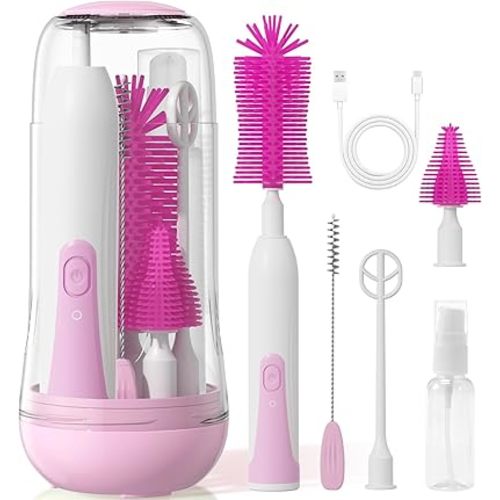 Electric Bottle Brush Cleaner, Baby Bottle Cleaning Kit with Nipple Straw Brushes Drying Rack Soap Dispenser Rechargable Waterproof Multi-Purpose E-Brush Set for Travel & Home, Pink Purple