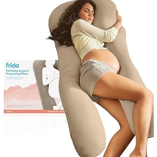 Frida Mom Full Body Support Pregnancy Pillow, Cooling Pregnancy Pillow, Wraps Around for All Over Support, Extended Length to Support from Head to Toe, Easy to Clean, Compact Storage Bag, Taupe