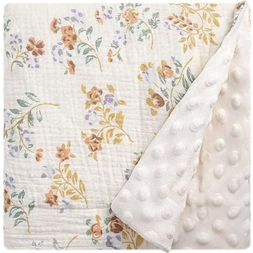 Fluffy-Backed Reversible Baby Swaddle Blankets 100% Muslin Cotton Front Nursery Plush Dotted Fleece Back Receiving Bed Quilt Blanket for Unisex Newborn Baby Toddler Boys Girls 30 x 41 Inches