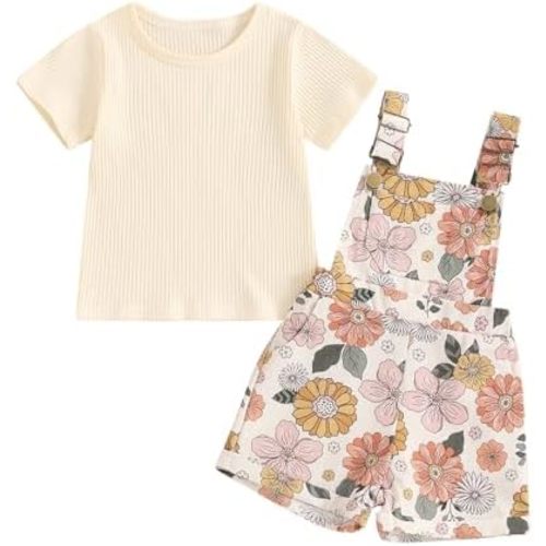 Toddler Baby Girls Summer Outfit Short Sleeve Ribbed Tops + Flower Suspender Overalls Shorts Set Kids Cute Clothes