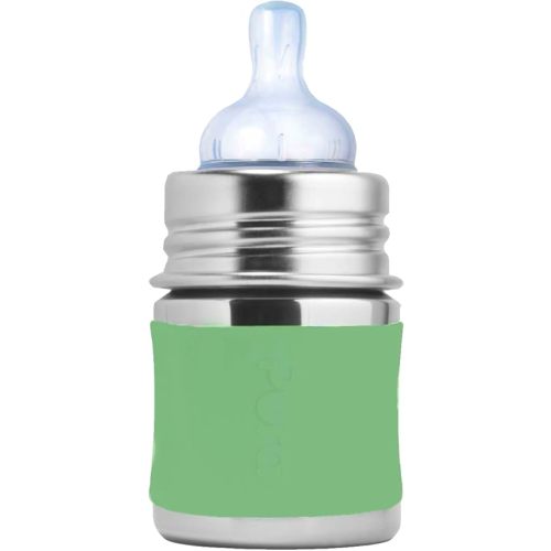 Pura Kiki 5oz/150ml Stainless Steel Anti-Colic Infant Bottle w/Silicone Natural Vent Nipple & Sleeve, 100% Plastic-Free, MadeSafe Certified, Medical-Grade Silicone - Moss Sleeve