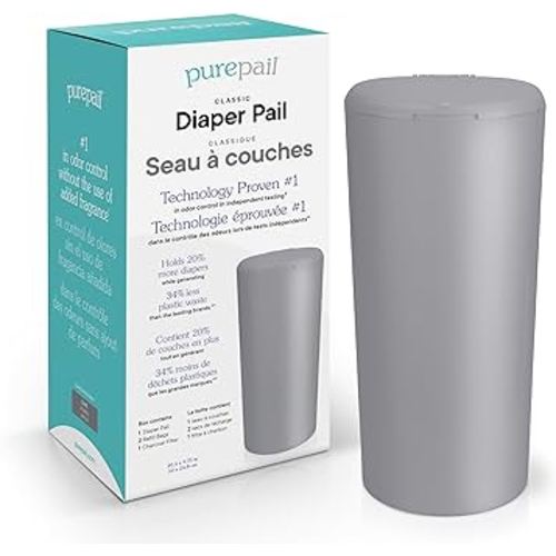 Classic Diaper Pail – Slate, Blocks Odors with No Added Fragrance, Holds 20% More Diapers & Generates Less Waste, No Cutting, No Canisters, Includes 1 Pail + 2 Refill Bags + 1 Charcoal Filter