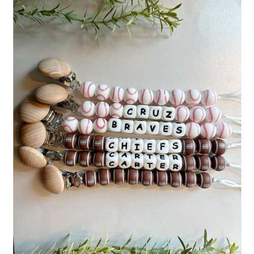 Personalized Pacifier Clip - Baseballs & Footballs