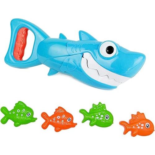 INvench Shark Grabber Baby Bath Toys - Blue Shark with Teeth Biting Action Include 4 Toy Fish - Bath Toys for Kids Ages 4-8 Boys Girls Toddlers Pool Toys