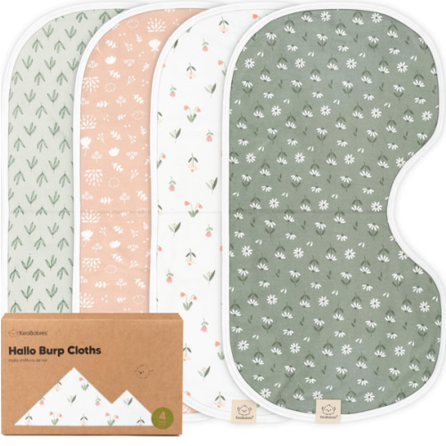 KeaBabies 4-Pack Baby Burp Cloths Baby Girl, Boy - Organic Cotton Burp Cloth, Extra Large, Absorbent, Soft Burping Cloths & Bibs Set for Babies, Newborn Burp Clothes, Thick Burp Rags (Fleur)