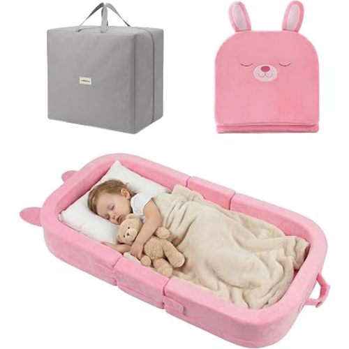 Zelladorra Toddler Travel Bed, Portable Toddler Floor Bed with Storage Bag and Washable Cover for Home and Travel, Pink