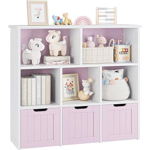FOTOSOK Toy Storage Organizer with 3 Movable Drawers, Floor Storage Cabinet Toy Chest with Hidden Wheels and 5 Storage Cubbies, Multifunctional Storage Chest for Living Room, Home Office, Pink