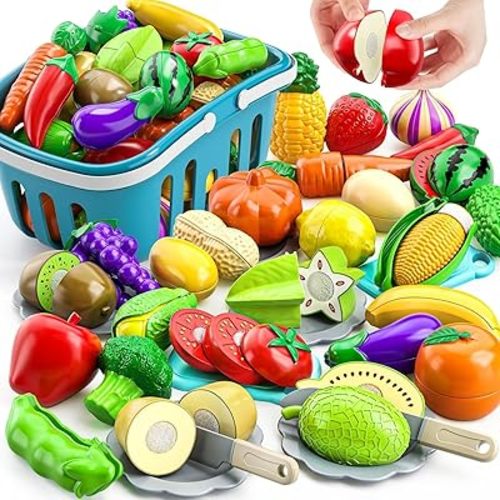 TEMI 70 PCS Cutting Play Food Toy for Kids Kitchen - Pretend Fruit and Vegetables Accessories Toys for 3 4 5 6 Girls with Storage Case, Dishes and Knife, Educational Kitchen Toy for Toddlers Age 3-5
