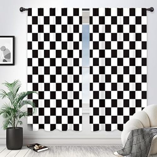 Riyidecor Checkered Curtains Black and White Abstract Race Car Flag Boys Teens Cute Retro Vintage Classic Hippie Groovy Rod Pocket Modern Bedroom Living Room Treatment Fabric 2 Panels 42Wx63H Inch