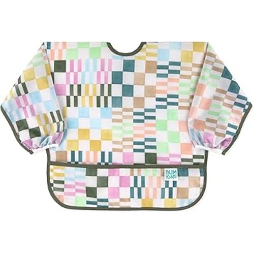 Bumkins Sleeved Bib for Girl or Boy, Baby and Toddler for 6-24 Mos, Essential Must Have for Eating, Feeding, Baby Led Weaning Supplies, Long Sleeve Mess Saving Food Catcher, Soft Fabric, Multi Check
