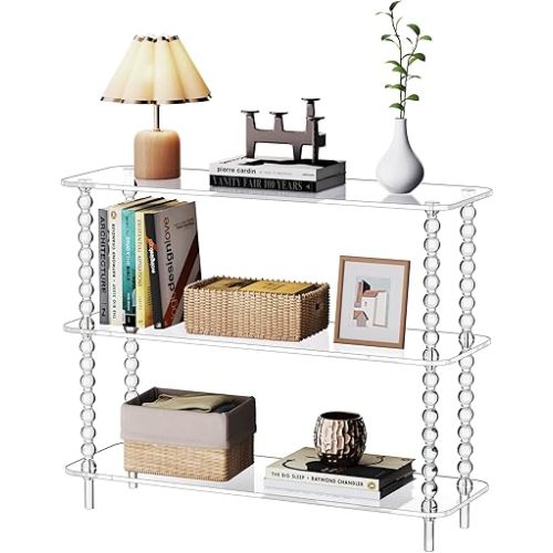 Acrylic Clear Console Table for Entryway, 3-Tier Sofa Table Bookshelf, Low Bookcase with Open Storage Shelves, (Clear, 31.5"×11.8“×28.6”)