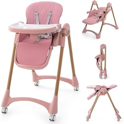 High Chair for Babies & Toddlers, Foldable Baby High Chairs with Adjustable Height, Folding Highchairs with Wheels, Toddler High Chair for Eating with Recline Backrest & Footrest, Pink