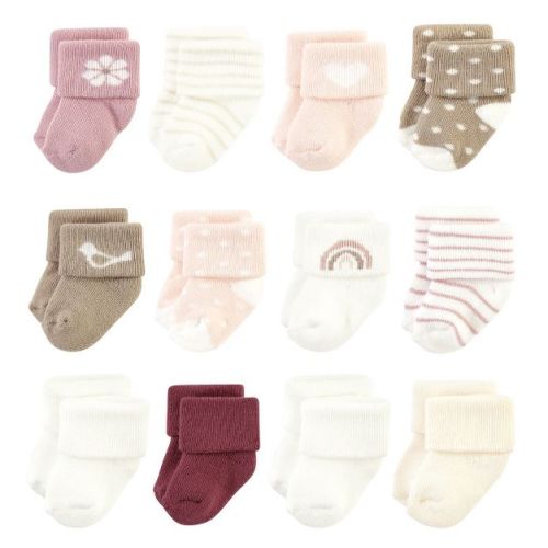 Hudson Baby Basics Infant Baby Cozy Terry Baby Sock 12-Pack, Sweet Rose Hearts, 0-6 Months