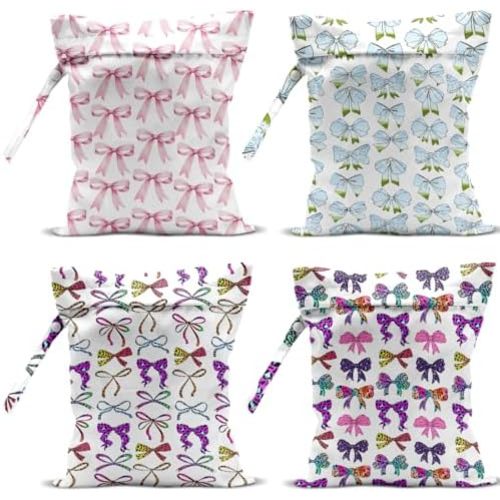 4 Pack Cute Pink Blue Bow Watercolor Leopard Bow Wet Bag Waterproof Reusable Wet Dry Bag for Swimsuit Dirty Clothes Diaper Beach Pool Gym Party Camping Gift for Women Mama Christmas Mothers Day