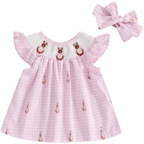 Baby Girl Cute Bunny Embroidery Plaid Print Flying Sleeve Crew Neck Party A-Line Dress Toddler Easter Outfit