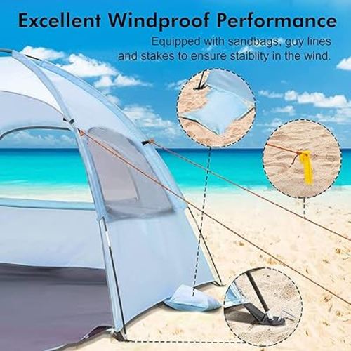 WhiteFang Beach Tent Anti-UV Portable Sun Shade Shelter for 3/4/6 Person, Extendable Floor with 3 Ventilating Mesh Windows Plus Carrying Bag, Stakes and Guy Lines