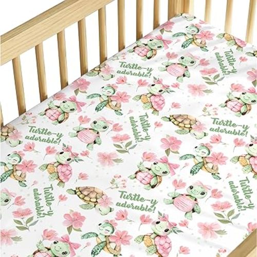 Baby Girls Standard Crib Sheet Sea Turtle Pink Green Floral, Turtley Adorable Flower Snug Fitted Mattress Covers, Soft Stretchy Breathable Nursery Kids Toddler Bed Decor Shower Gift 52 x 28