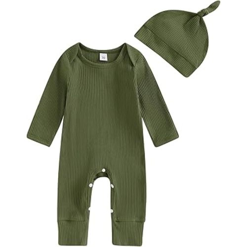 Neutral Baby Clothes Newborn Girl Boy Coming Home From Hospital Outfit Cute Ribbed Knit One-piece Romper Jumpsuit Hat