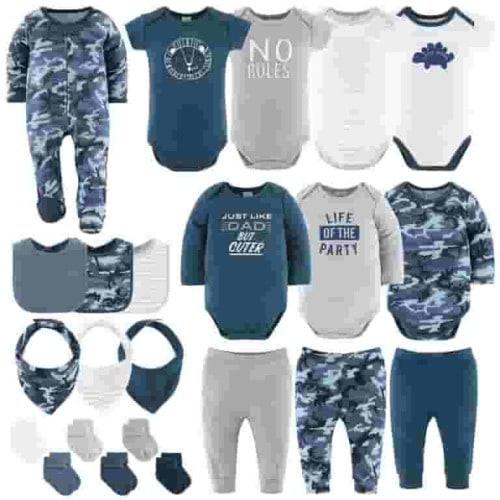 The Peanutshell Layette Gift Set for Baby Boys, Blue Camo, 23 Essential Pieces, 12-18 Months, Blue