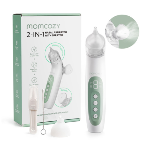 Momcozy upgrade Nasal Aspirator for Baby, 2-in-1 with Nasal Spray for Baby, 65kPa 4 Suction Levels, Portable with Light & Soothing Music