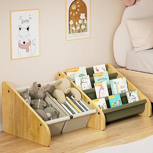 Polegas Montessori Kids Bookshelf - Toddlers Bookshelf with Tear-Proof Oxford Sling, Book Shelf for Kid Rooms with 4-Tier Stepped Depth Design to Display Books, Baby Bookcase for Nursery
