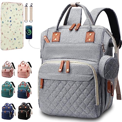 SHITIESHOU Diaper Bag Backpack Baby Bag, Baby Girl Boy Diaper Bag for Dad Mom with Pad, 16 Pockets, Pacifier Case, Large Diaper Bags Unisex for Travel (Grey)