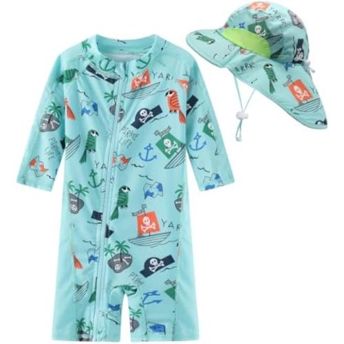 Toddler Baby Boys Swimsuit Rashguard One Piece Zipper Bathing Suit with Sun Hat Infant Swimwear Sunsuit UPF 50+