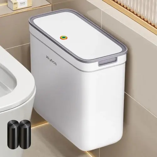 2-in-1 Wall-Mounted & Freestanding Bathroom TrashCan, 4 Gallon Slim Trash Can, Small Garbage Can, White Plastic Kitchen Compost Bin with Lid for Kitchen, Bathroom, Living Room, Bedroom