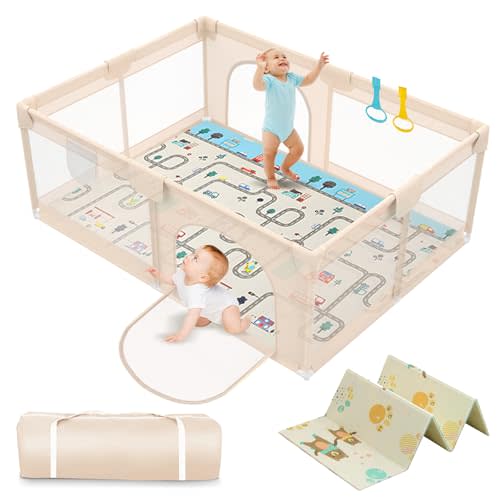 Abdtech Playpen with Mat 71x59inch - Extra Large Baby Playpen for Babies and Toddlers - Indoor and Outdoor Baby Playpen with Soft Breathable Mesh Cover - Sturdy Foam Baby Gate Playpen (Apricot)