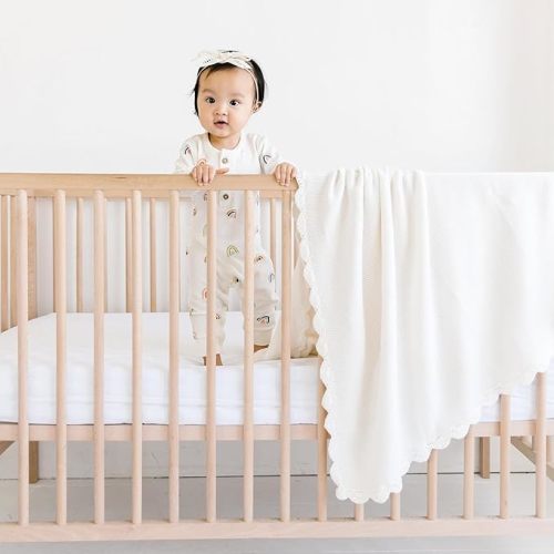 Makemake Organics GOTS Certified Organic Cotton Baby Blanket - Newborn Modern Knit, Breathable Unisex Stroller Blanket for Boys and Girls (30x40, Ivory)