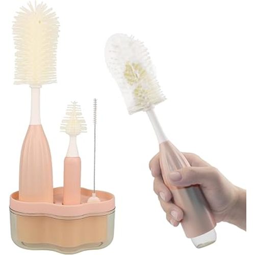 Baby Bottle Cleaning Brush Set – Innovative Silicone Foam‑Dispensing Bottle Brush with Nipple Brush & Straw Brush + Storage Stand (Pink)