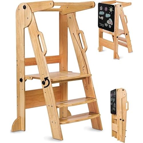 Foldable Toddler Tower, Montessori Toddler Step Stool with Chalkboard, Adjustable Height Toddler Stool for Kitchen, Suitable Age for 3-6 Years, Toddler Standing Tower