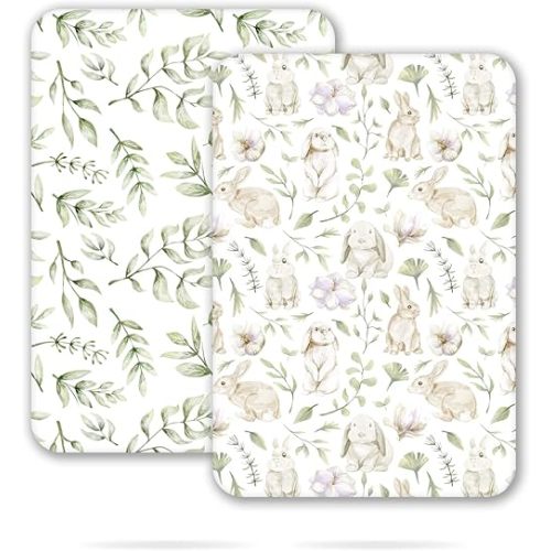 TCBunny 2 Pack Premium Fitted Baby 38X26“ Mini Crib Sheets, Pack N Play Bassinet Sheets - Ultra-Soft 100% Cotton, Stylish Rabbit, and Garden Pattern, Safe and Snug for Baby